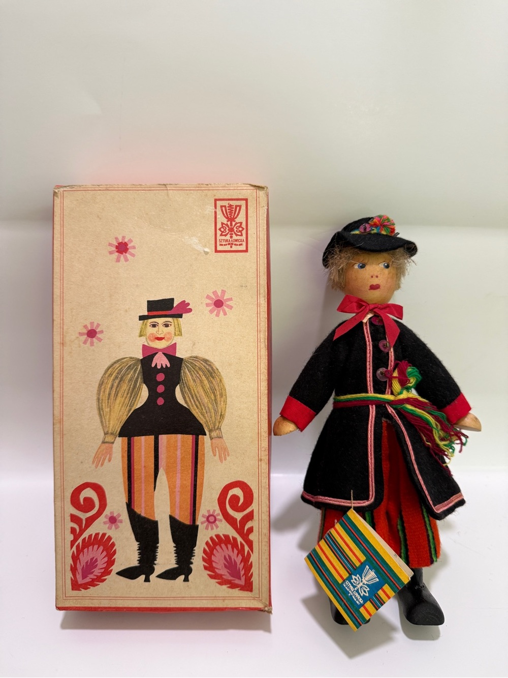 Polish Folk Art Doll Vintage 70s Antek Sztuka Łowicka Cepelia Wooden 10" Boxed